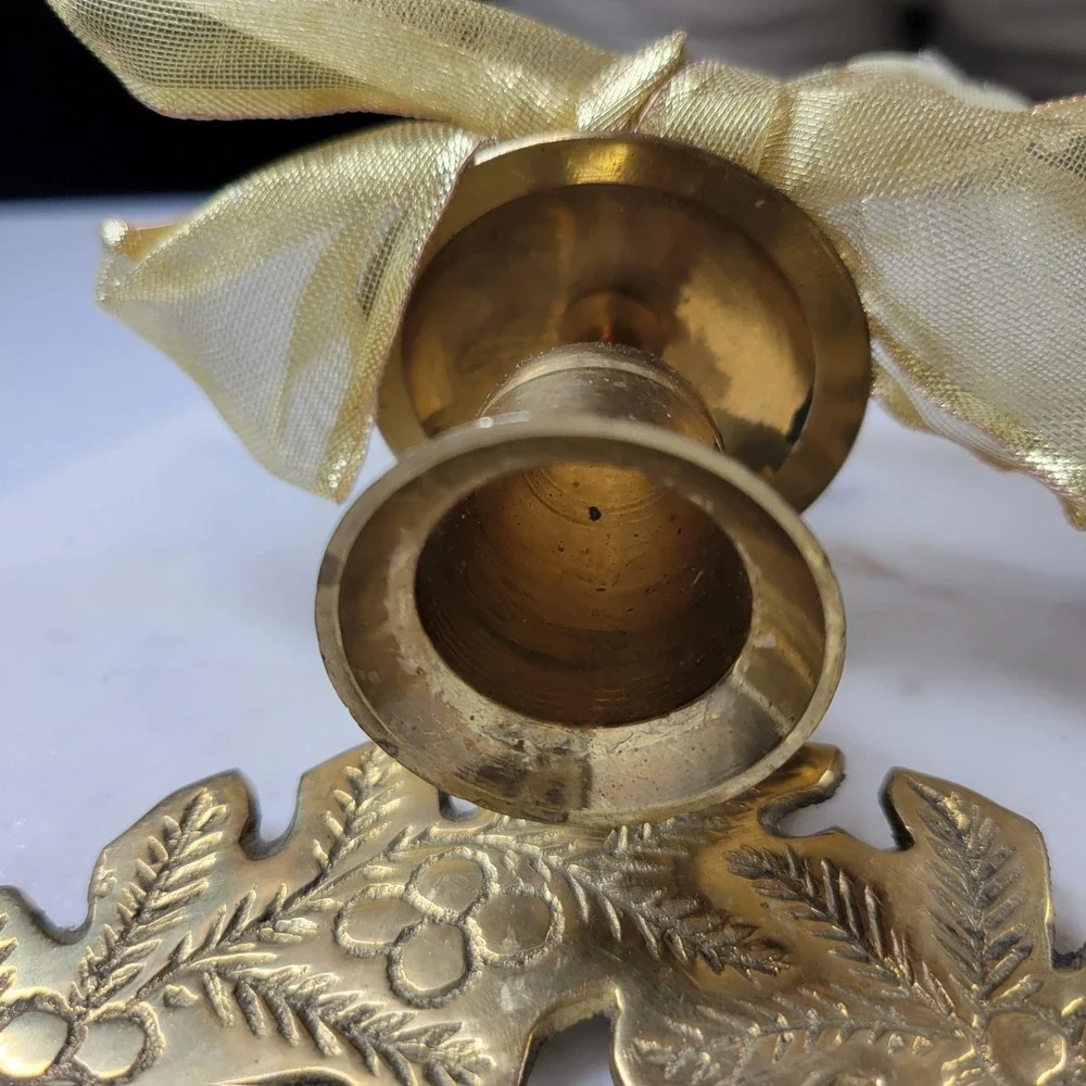 Solid Brass Christmas Wreath Candle Wall Sconces Pair Gold Holly Vintage Holiday